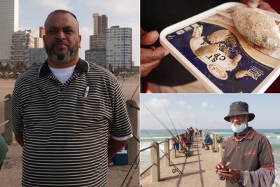 Left: Riaz Khan on a fishing pier in Durban, South Africa. Top-right: A fisherman holds poisoned sea lice and fish on an ice-cream lid that he found on the beach soon after the chemical spill in in Durban. Bottom-right: Fisherman Bob Abrahams poses for a photo on a fishing pier in Durban.