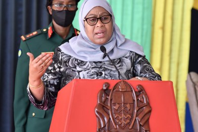 President Samia Suluhu Hassan speaking at an event hosting Tanzania's under-23 men's football team at State House in the coastal city of Dar es Salaam in August 2021.