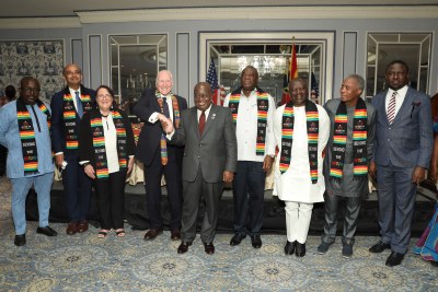 Nana Akufo-Addo, President of Ghana, (C) shakes hands with Chairman of the W.E.B. Du Bois Museum Foundation Daniel Rose at the signing in New York of an agreement between the Government of Ghana and the Foundation to build Du Bois Museum Complex in Accra. Pictured (L-R): Akwasi Agyeman, CEO, Ghana Tourism Authority, Board Members Kwame Anthony Appiah, and Deborah Rose; Ibrahim Mohammed Awal, Minister of Tourism, Arts and Culture; Ken Ofori-Atta, Minister of Finance; Japhet Aryiku, Foundation Executive Director and Board Member Humphrey Ayim Darke.