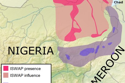 A map showing ISWAP and Boko Haram territory in early 2019. Dark pink: Approximate presence of ISWAP (Islamic State's West Africa Province). Light pink: Approximate influence of ISWAP. Dark violet: Approximate presence of Boko Haram (Abubakar Shekau's forces). Light violet: Approximate influence of Boko Haram.
