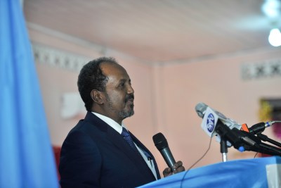 The president of Somalia, Hassan Sheikh Mohamud addresses guests during the inauguration ceremony for Hirshabelle President, Ali Abdullahi Osoble held in Jowhar on October 22, 2016.