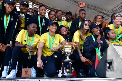 South Africa's women soccer team Banyana Banyana at a welcoming ceremony at OR Tambo International Airport on July 26, 2022, after their WAFCON victory.