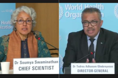Dr. Soumya Swaminathan, Chief Scientist at the World Health Organization, and WHO Director-General, Tedros Adhanom Ghebreyesus, speaking during a media briefing in Geneva on October 5, 2022 [screen shot]