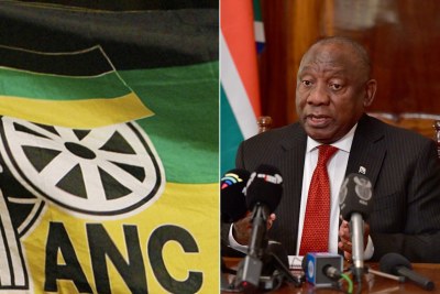 ANC flag and President Cyril Ramaphosa