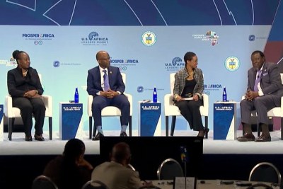 The Advancing Digital Connectivity panel during the U.S.-Africa Business Forum - (left to right) Funke Opeke, Chief Executive Officer of the Nigerian undersea cable company MainOne; Dr. Thierry K. Wandji, President and CEO of Cybastion; Enoh T. Ebong, Director of the U.S. Trade and Development Agency; Namibian President Hage Geingob and Microsoft President Brad Smith (not pictured).