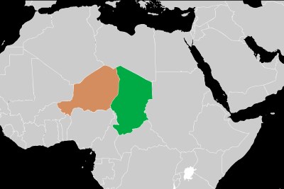 A map showing the locations of Chad (green) and Niger (orange).