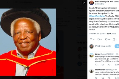 The Department of Sport, Arts and Culture Minister, Zizi Kodwa, has expressed his sadness at the passing of distinguished photographer and anti-apartheid activist Dr Peter Magubane.
