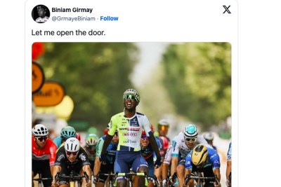 Eritrean Biniam Girmay dedicated his stage three win at the Tour de France on Monday to 